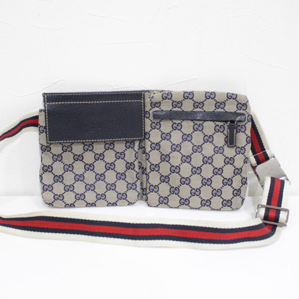 美品 GUCCI グッチ GG柄 シェリーライン ボディバッグ 赤×紺色×白 285661