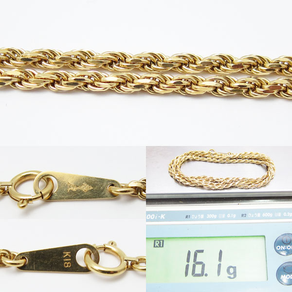良品 18金 ネックレス 16.1g イエローゴールド 全長60cm 幅3mm K18YG No102