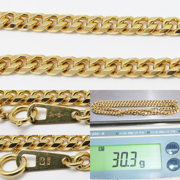 18金 6面カット喜平ネックレス 30.3g 幅5mm 全長40.5cm K18YG No142