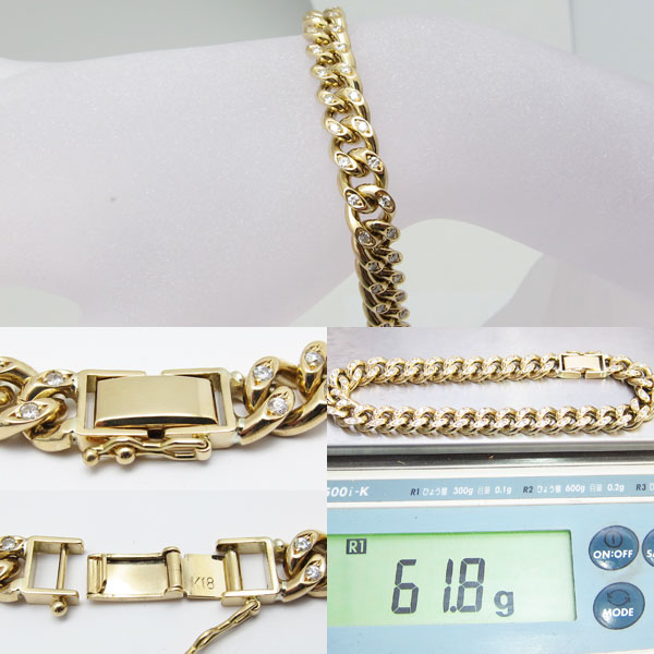 極美品 18金 D1.85ct 2面カット喜平ブレスレット ダイヤ入り 幅9mm 61.8g NoG3