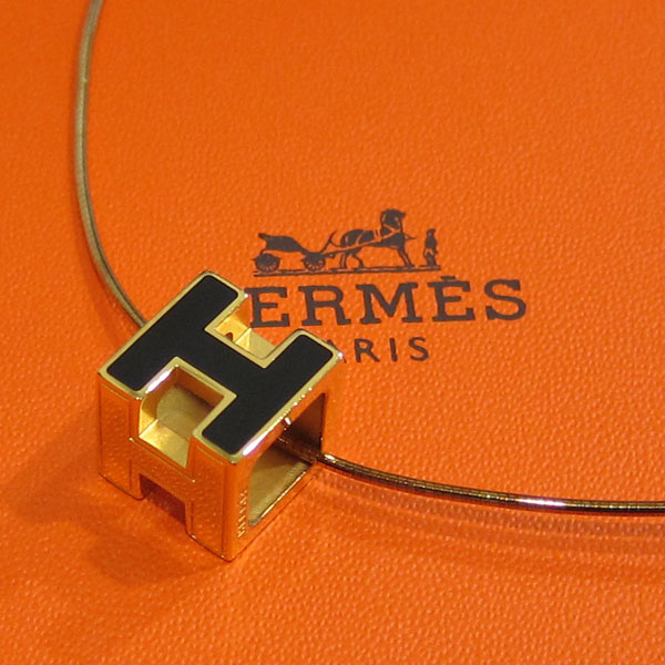 エルメス HERMES シルバーネックレス Hキューブ ブラック×ゴールド チョーカー 送料無料1