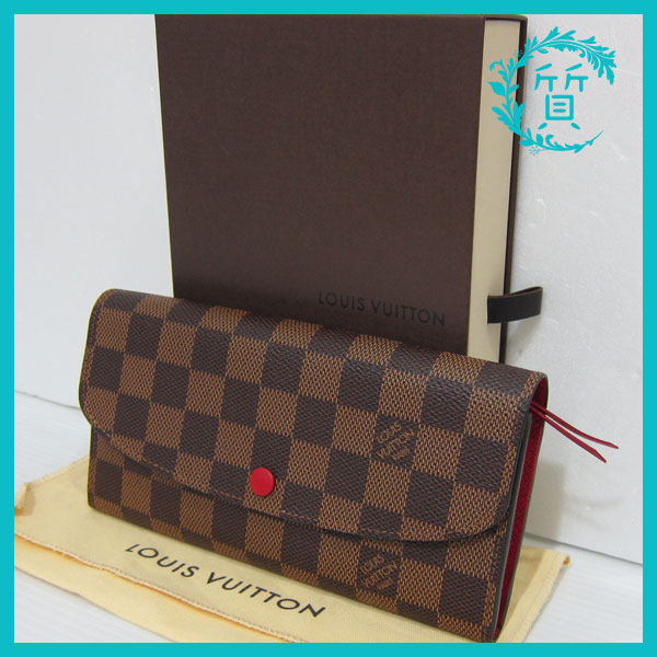 ルイヴィトン LOUIS VUITTON ポルトフォイユ・エミリー　N63544 ダミエ 　ルージュ（赤）　ホック　長財布